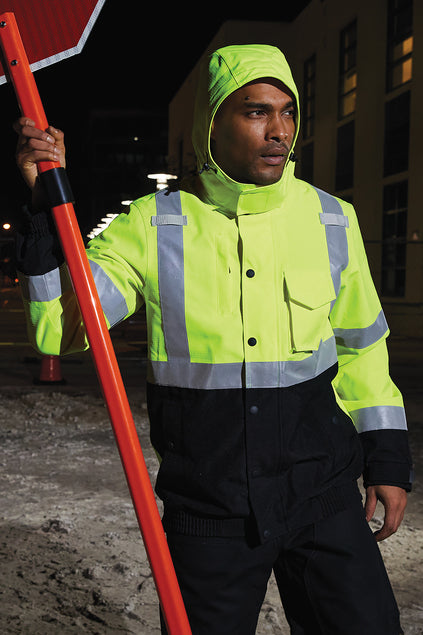 CornerStone® ANSI 107 Class 3 Waterproof Insulated Ripstop Bomber Jacket (Black logo on left sleeve)